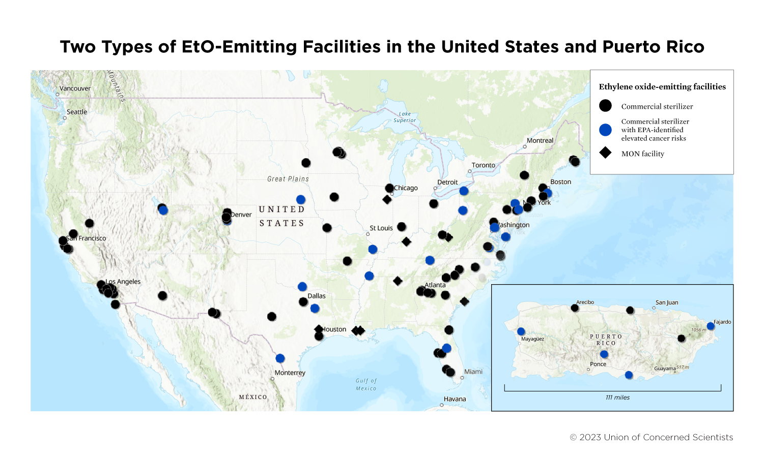 A map showing the locations of different ethylene oxide-emitting facilities in the United States and Puerto Rico.