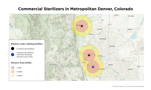 A map of ethylene oxide-emitting facilities in metropolitan Denver, Colorado.