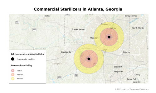 A map of ethylene oxide-emitting facilities in Atlanta, Georgia. 