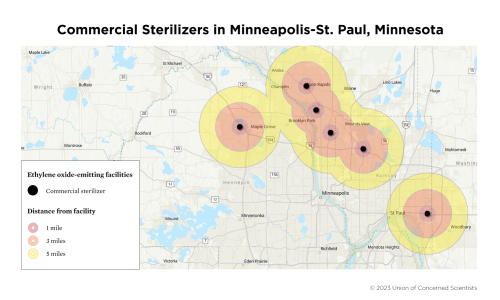 A map of ethylene oxide-emitting facilities in Minneapolis-St. Paul, Minnesota.