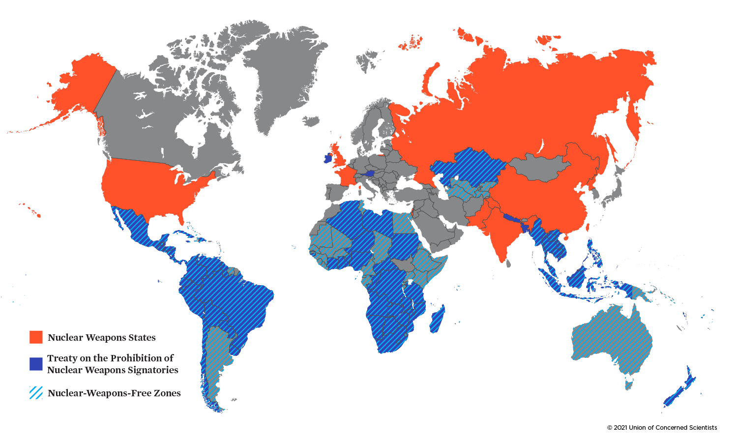 World map showing nuclear weapons states, signatories of TPNW, and countries that are nuclear-weapons-free zones